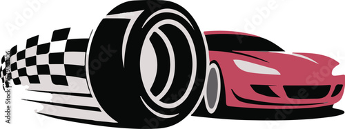 Red Race Car Speeding, Tire and Checkered Flag, Vector Illustration