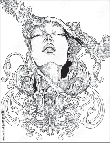 Grayscale style vector image of sleeping beauty face in sweet and elegant art nouveau shades, clean white background.