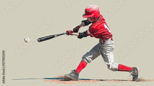 Young Baseball Player in Action Hitting Ball with Bat Outdoor Sports Adventure, Focus on Technique and Movement in Dynamic Pose