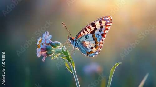 Butterfly perched on vibrant flower in serene meadow