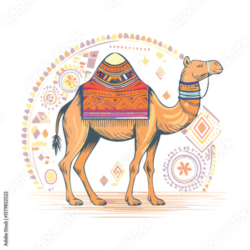 Vector art of camel with decorative blanket in bold outline flat graphic style

