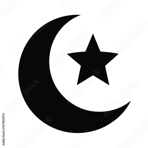 Black Crescent Moon and Star Icon Symbol Depiction on White Background