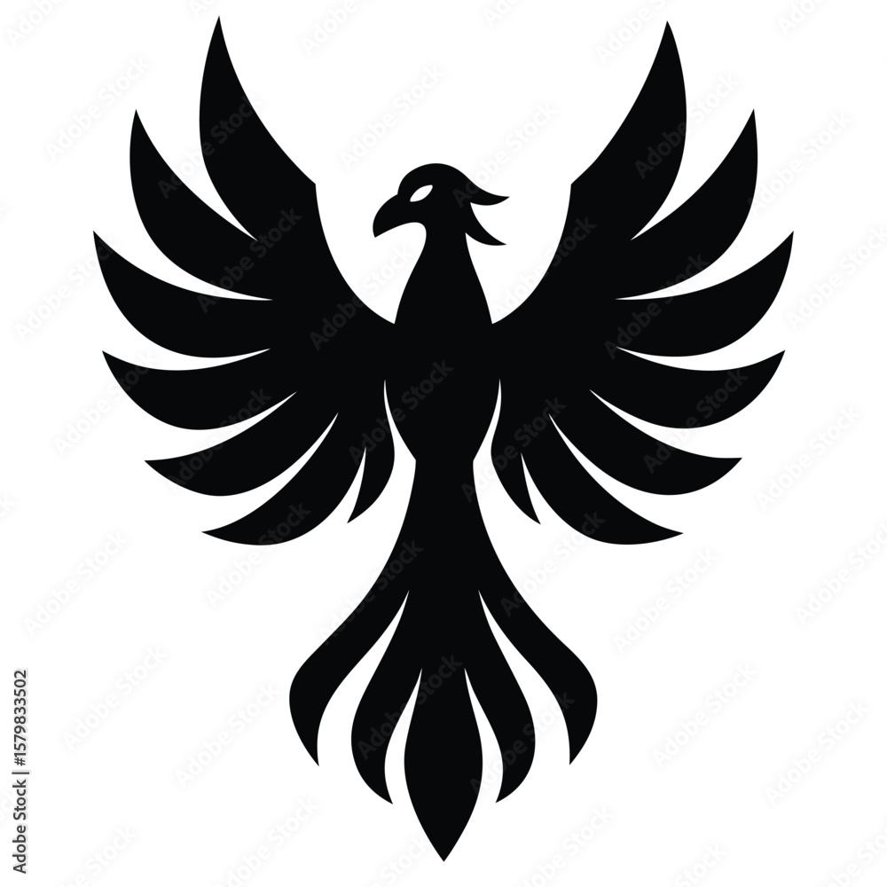 Obraz premium Bold black silhouette of a phoenix with widespread wings on white background