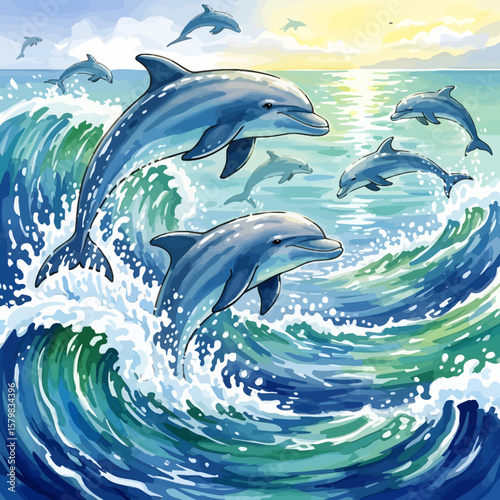 A group of dolphins leap and swim in the ocean waves, with the sun setting in the background.