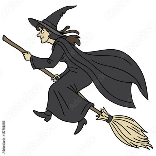 Spooky house silhouette flying on a broomstick isolated on white background