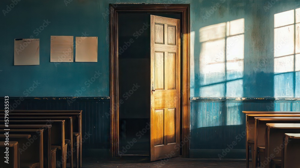 Fototapeta premium Interior view of a classroom with an open wooden door and sunlight streaming through the windows