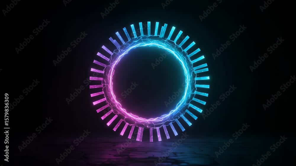 A dark scene showcases a neon, ring-shaped structure emitting electric blue and pink light against a black backdrop and textured ground