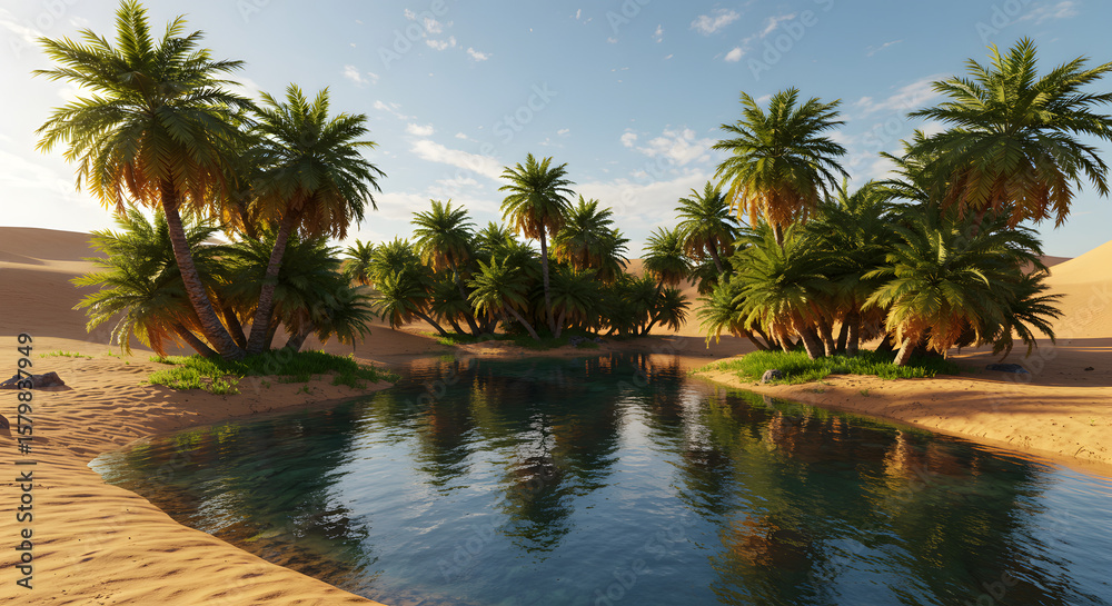 Fototapeta premium A serene desert oasis with palm trees and a clear pool