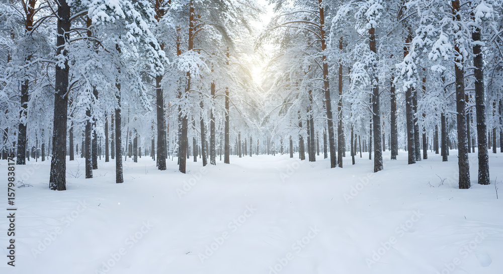 Naklejka premium A serene snowy forest with soft winter light pine trees covered