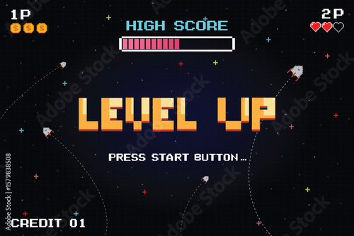 LEVEL UP icon pixel art. 8 bit game. retro game. Retro Futurism Sci-Fi Background. glowing neon grid. and stars from vintage arcade computer games