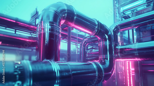 A pipe with neon colors is shown in a futuristic setting. The pipe is surrounded by other pipes and is the main focus of the image. The neon colors give the image a futuristic and industrial feel