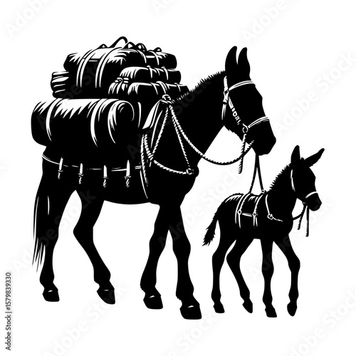 Silhouette of a laden mule and its foal walking together