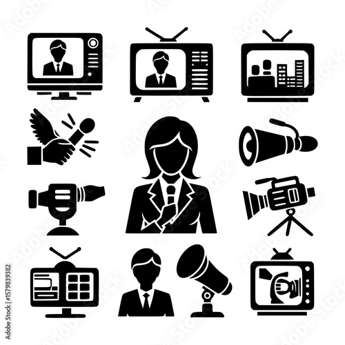 Collection of media and journalism icons representing news broadcasting and reporting