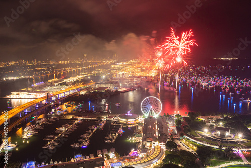 Miami Night Celebration with Fireworks Over Bayfront Park and Marina