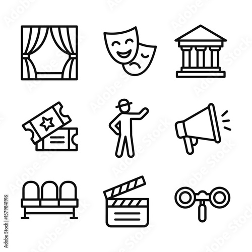 Performing arts and theater icons set. Outline symbols. Line design