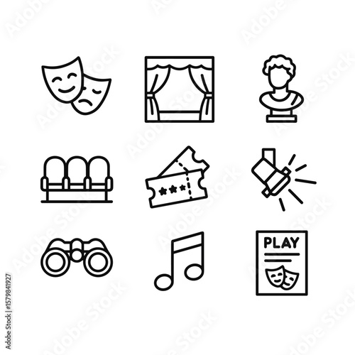Theater and drama icons collection. Outline symbols. Line design