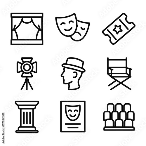 Theater masks and stage icons set. Outline symbols. Line design