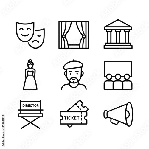 Drama and stage performance icons. Outline symbols. Line design
