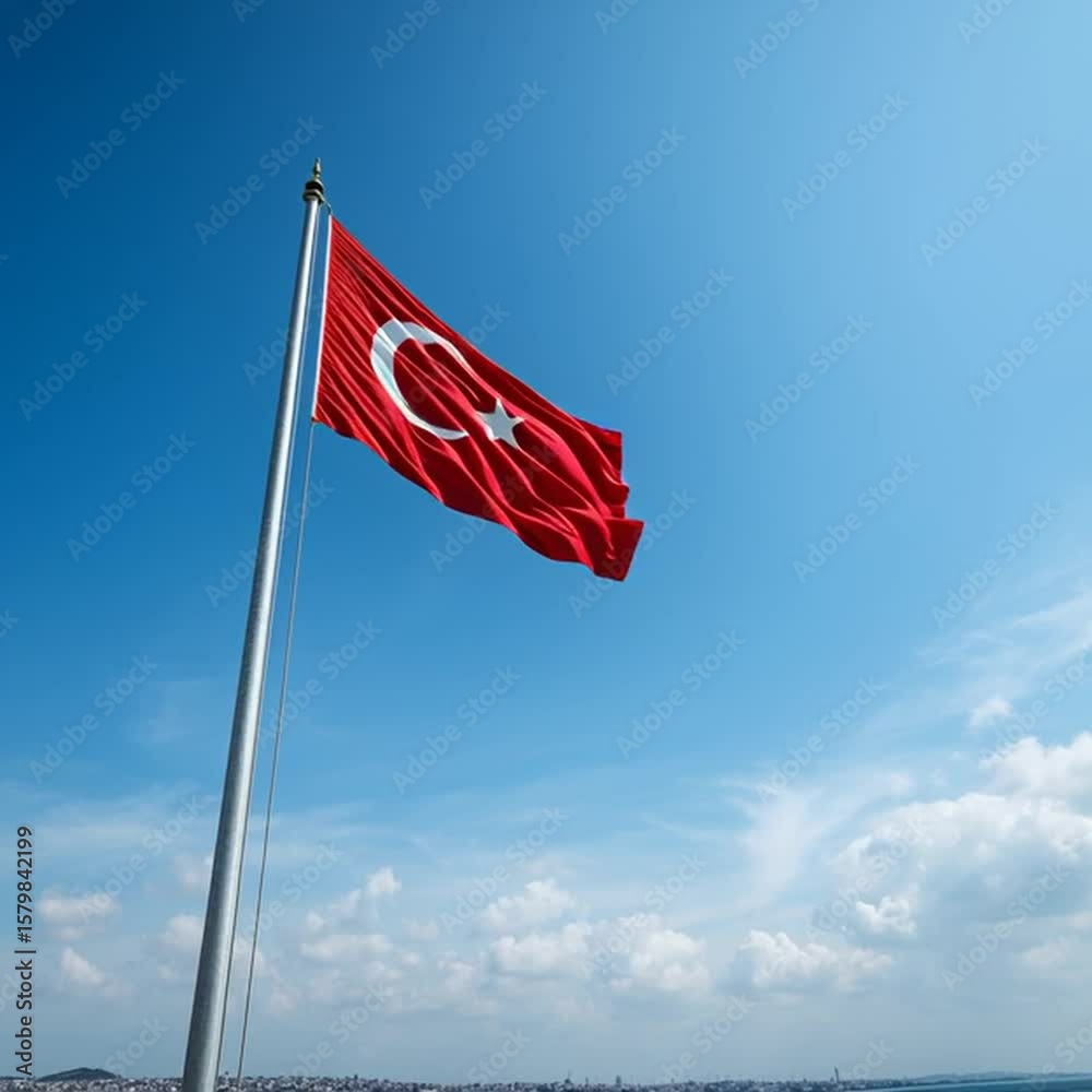 Turkish Flag in the Wind: A vibrant Turkish flag waves proudly against a clear blue sky, symbolizing national pride and identity. A beacon of hope and resilience. Turkish Flag in the Wind: A vibrant Turkish flag waves proudly against a clear blue sky, symbolizing national pride and identity. A beacon of hope and resilience.