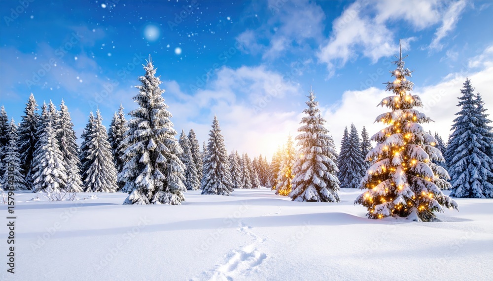 Fototapeta premium Snowy forest at dawn with decorated tree