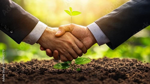 Businessmen Shaking Hands Over Young Plant Growing in Soil in Outdoor Garden