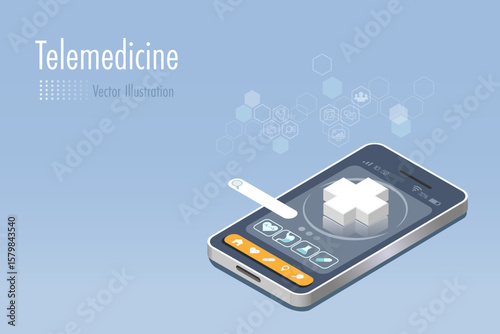 Telemedicine, virtual doctor, medical and health care service innovation technology. Medical app for research and diagnosis patient health on smartphone. 3D Isometric vector.