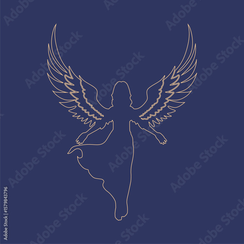 Fantasy woman angel soars in the air with huge bird wings. Girl in levitation flies. Lady goddess in dress, fabric waving fluttering in motion