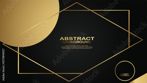 Modern abstract background with a geometric gold frame and shapes on a dark backdrop, conveying luxury and style.