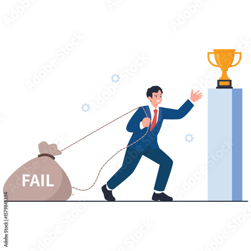 Motivation & Success Illustration. Vector illustration of A determined businessman drags a heavy bag labeled "FAIL" as he reaches for a trophy on a podium. Isolated on background