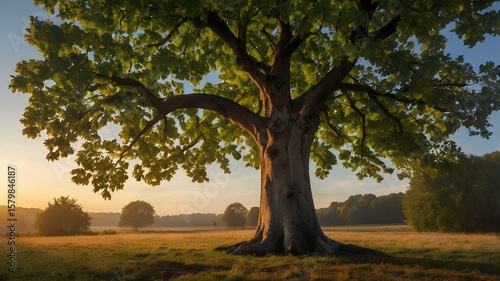 Majestic Sycamore Tree in Field at Sunrise, Inspirational Environmental Landscape