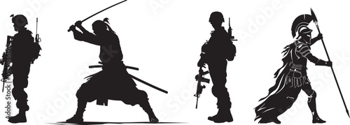 Collection of silhouette of a soldier, fighter, sumuria standing with a rifle and a radio, against a white background.