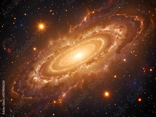 Golden Spiral Galaxy in Deep Space with Glowing Stars and Nebula Dust

