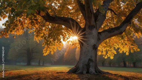 Majestic Sycamore Tree in Field at Sunrise, Inspirational Environmental Landscape