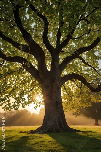 Majestic Sycamore Tree in Field at Sunrise, Inspirational Environmental Landscape