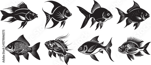 A black and white silhouette of a fish against a white background.