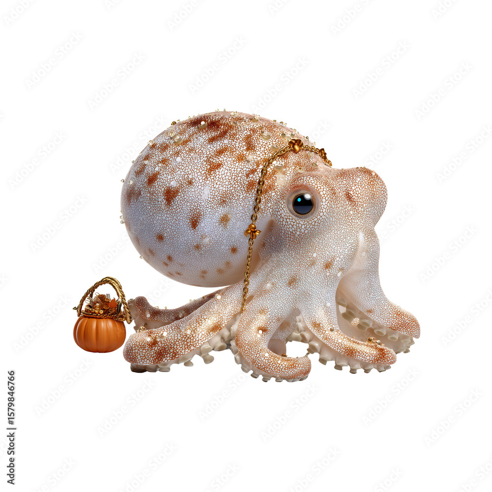 Fototapeta premium Adorable Octopus with Pumpkin and Gold Chain - Halloween Costume Concept