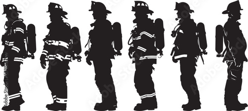A black silhouette of a firefighter in full gear, standing against a plain white background.