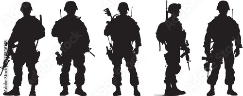A silhouette of a soldier in full gear, holding a rifle, standing in a field with a clear sky in the background.