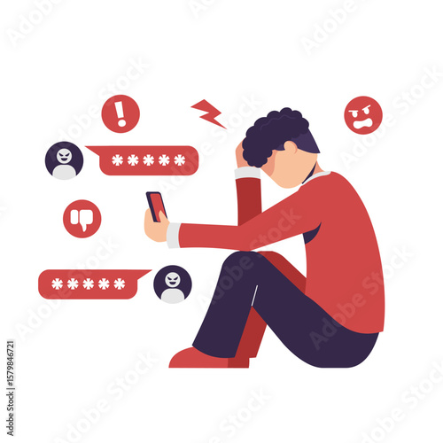 Cyber bullying. man sitting on the floor. negative comment and the pressure of society.. Vector flat illustration