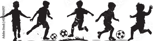 A black and white silhouette of a boy playing soccer on a grassy field with a soccer ball.