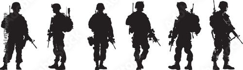 A black and white silhouette of a soldier in full gear, holding a rifle, against a plain white background.
