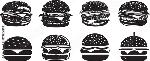 A black and white illustration of a hamburger with sesame seeds on a sesame seed bun, cheese, and lettuce.