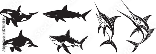 A black and white illustration of a swordfish leaping out of the water.