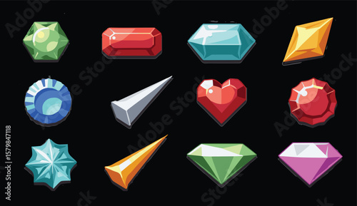 Digital illustration featuring a collection of sixteen colorful gemstones arranged in a 4x4 grid against a dark gray background