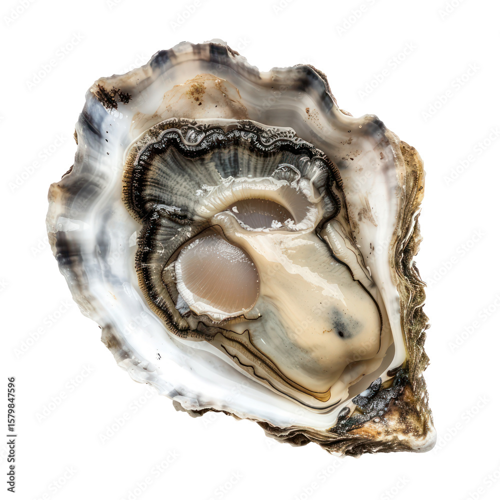 Naklejka premium A single oyster with a white and black striped shell, isolated on a transparent background.