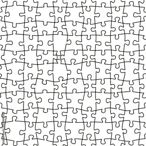 Puzzle black outline on white background, seamless vector pattern
