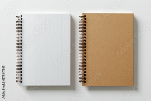 Two closed spiral notebooks, one white, one brown, on a white background
