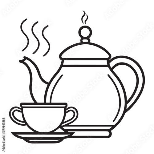 Elegant line art illustration of a classic steaming teapot with clean details