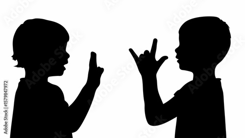 Silhouette of two children communicating using sign language with hand gestures on a white background