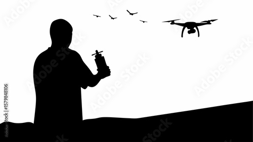 Silhouette of a person controlling a drone with birds flying in the background on a white background